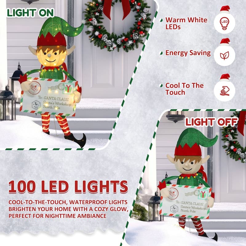 VEIKOUS 4.8FT Lighted Christmas Postman Elf Sign, LED Santa's Mailbox Display with 100 Warm White Lights