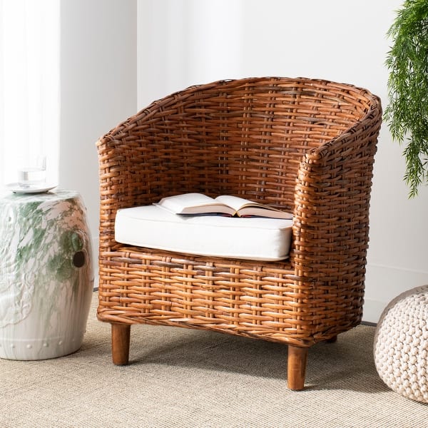 slide 2 of 9, SAFAVIEH Omni Rattan Barrel Chair with Cushion - 29.1" x 27.2" x 32.7"