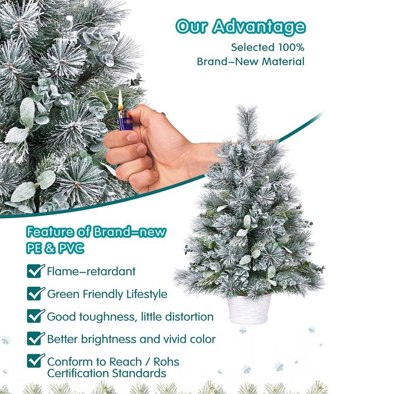2ft Tabletop Christmas Tree with Eucalyptus & Pine Needle Accents,68 Tips,Flocked Mini Artificial Tree with Plastic Cement Base