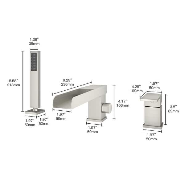 dimension image slide 3 of 4, Bathtub Filler Faucet with Sprayer, Double-Handle Deck-Mount Roman Tub Faucet with Handshower, Pressure Balanced Valve Included