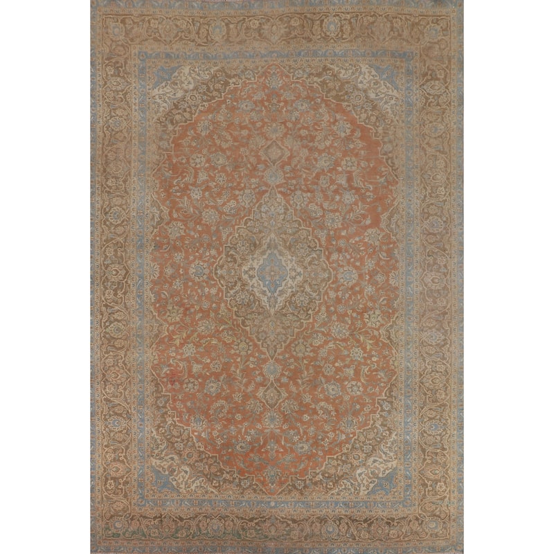 Orange Kashan Persian Vintage Area Rug Hand-Knotted Wool Carpet - 9'7"x 13'5"