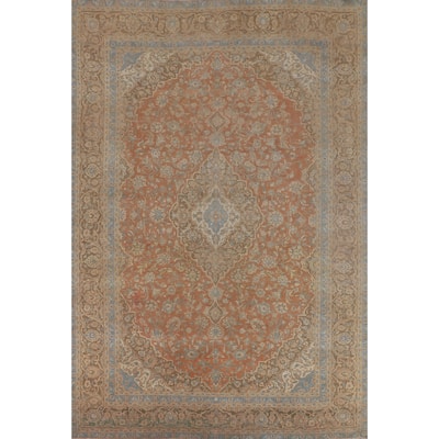 Orange Kashan Persian Vintage Area Rug Hand-Knotted Wool Carpet - 9'7"x 13'5"