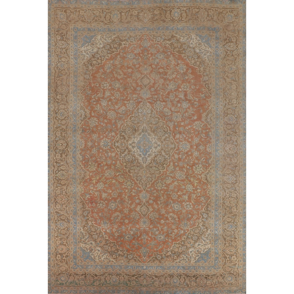 Orange Kashan Persian Vintage Area Rug Hand-Knotted Wool Carpet - 9'7"x 13'5"