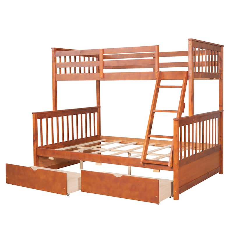 Twin-Over-Full Bunk Bed with Ladders and Two Storage Drawers in Walnut