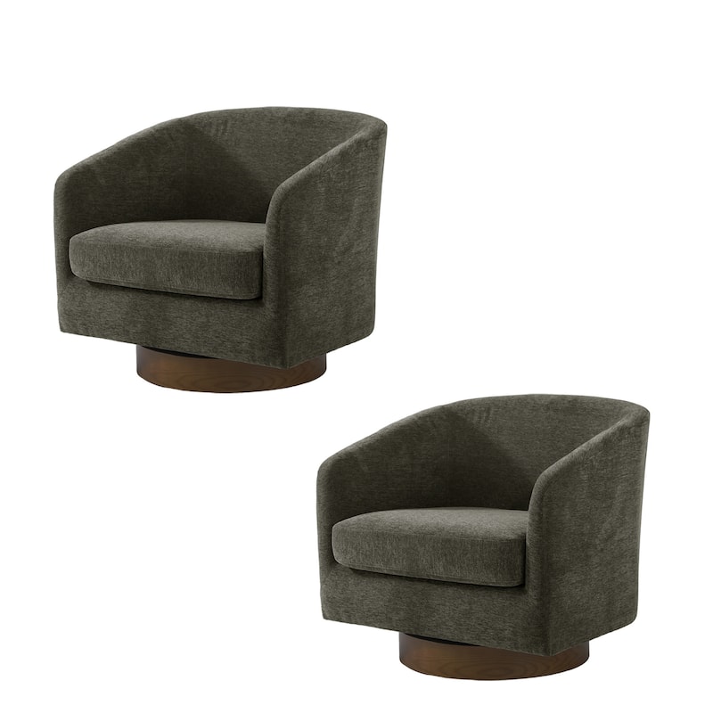 Faux Leather Wide Seat Swivel Barrel Chair - 2 Set/Brown Base - Tan/Chenille
