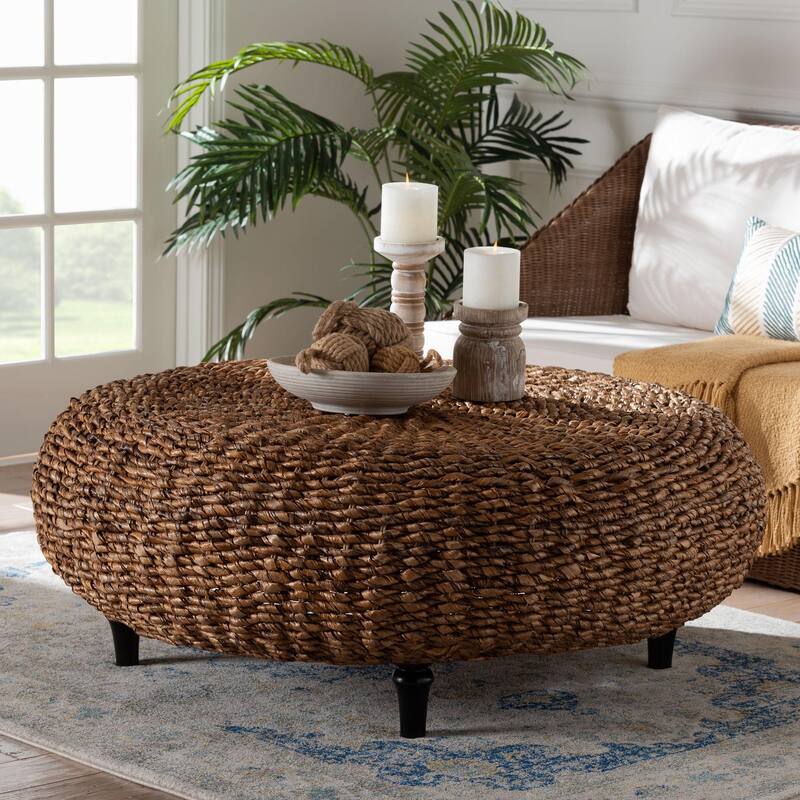 Riau Handwoven Seagrass Coffee Table with Wooden Legs - Natural Wicker Round Living Room Table for Living Room or Bedroom Décor