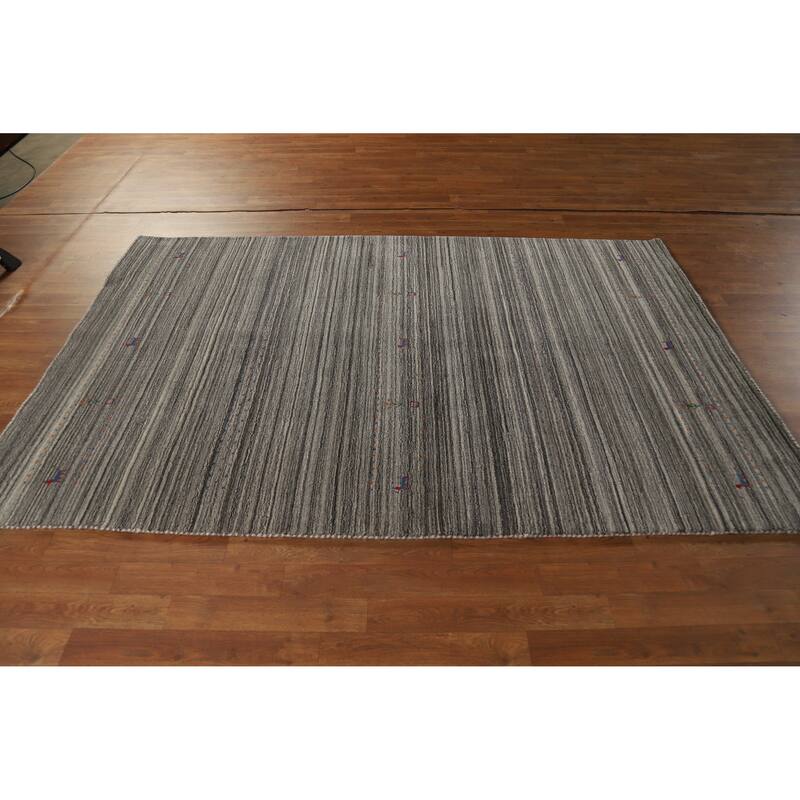 Hand Knotted Oriental 100% Wool Carpet Tribal Animal Pictorial Greys & Charcoal Gabbeh Area Rug - 7' 8'' X 5' 0''