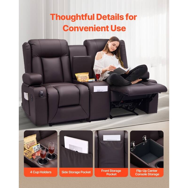 Brown PU Leather Manual Recliner Loveseat with High Back, Storage and Cup Holders - 65.5 x 36.2 x 40.9 in