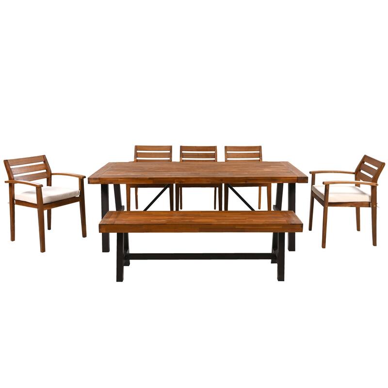 Outdoor Wood Dining Set For 7-8 Person with Removable Cushions, Ergonomic Chairs & Bench