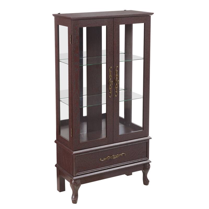 Vintage Display Cabinet with 2 Doors, Adjustable Glass Shelves and 1 Drawer