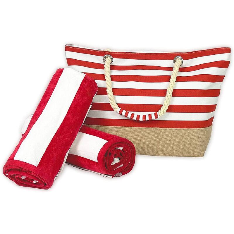 3 Piece Set Cabana Stripe, Two Beach Towel Set 32 x 62 Plus a Striped Beach Bag - Red