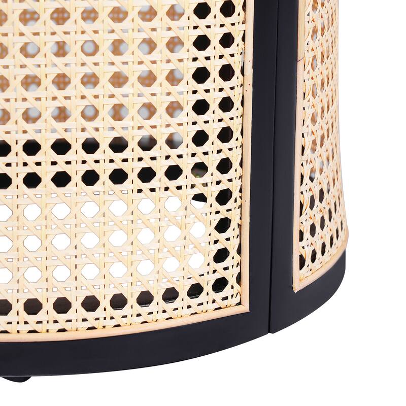 Rattan Tea Desk Round End Table Hollow Woven Side Table Chic Accent Table with Round Wood Tabletop and Flip Top Storage