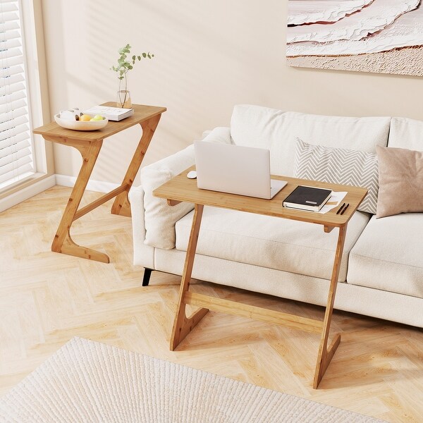Costway Bamboo Sofa Side Table Z-Shaped Spacious Tabletop Space