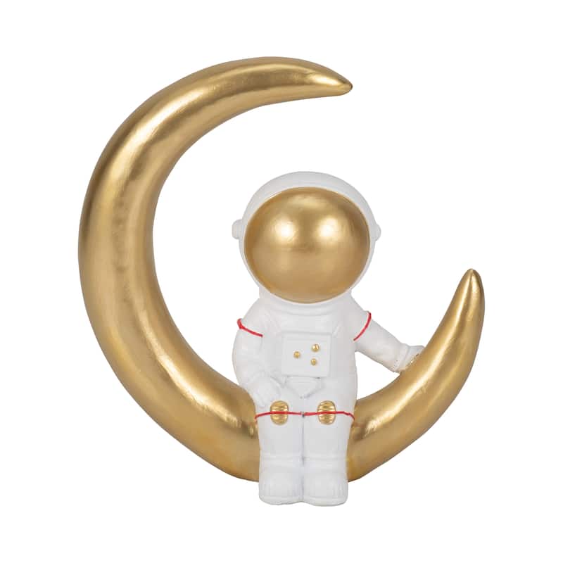 Sagebrook Home Polyresin 7" Space Man on Crescent Moon Figurine in White and Gold - 7" x 3" x 7"