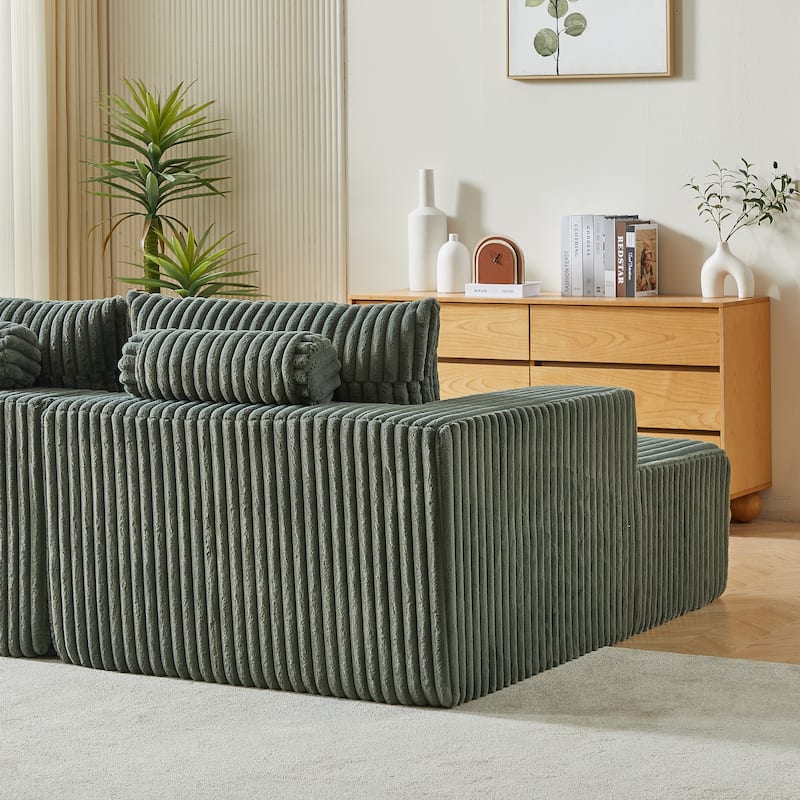 87'' Lounge Chaise Sleeper Sofa - Soft Corduroy Couch with Ottoman Bench and Pillow Support