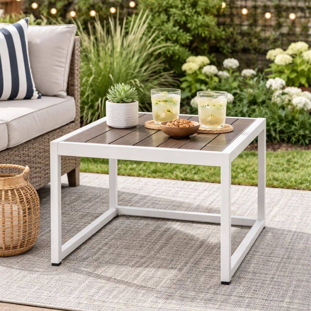 Kili 35 Inch Coffee Table, Gray Polyresin Top, Crisp White Aluminum Frame