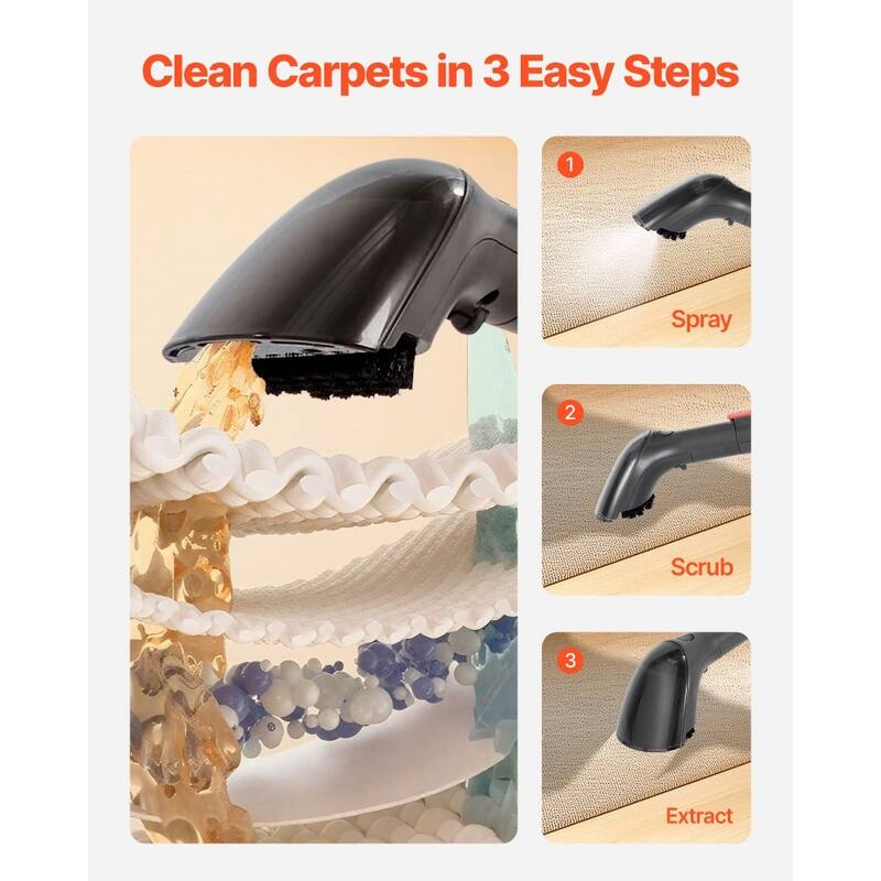 Portable Carpet Cleaner Machine with Powerful 450W Suction and Dual Tank Crevice Tool - 15.16” x 7.48” x 12.91”