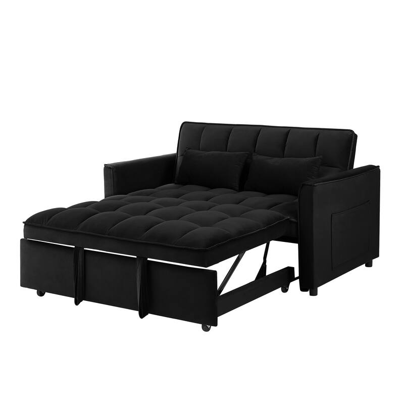 Anmytek 3-in-1 Velvet Sleeper Sofa with Adjustable Backrest and Side Pockets Black Convertible Loveseat