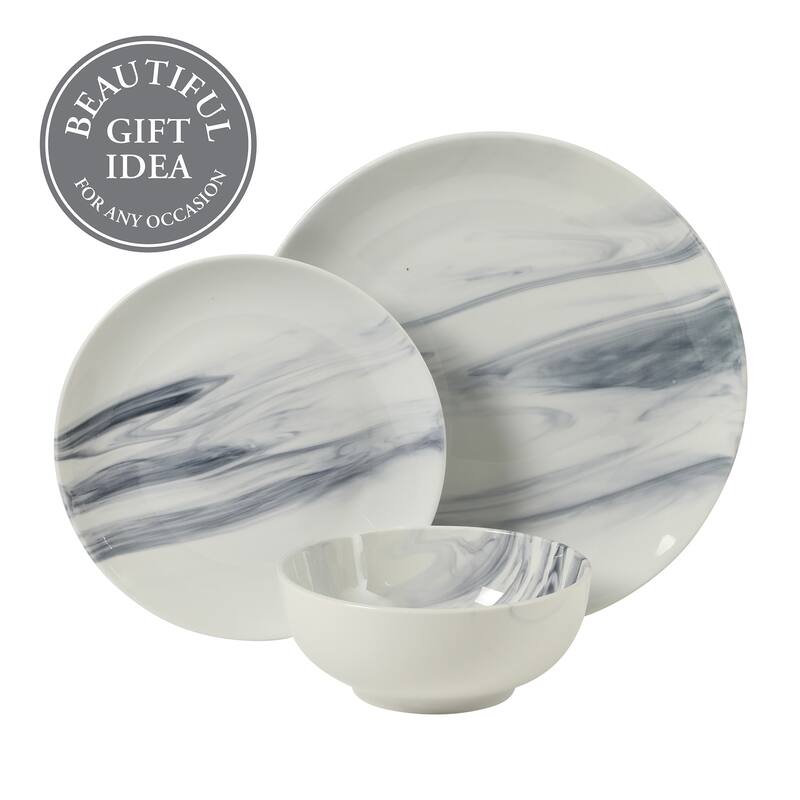 Gibson Home Cloudlight 12 Piece Plates and Bowls Dishes - Decorated Porcelain Ceramic Dinnerware Set - Service for 4