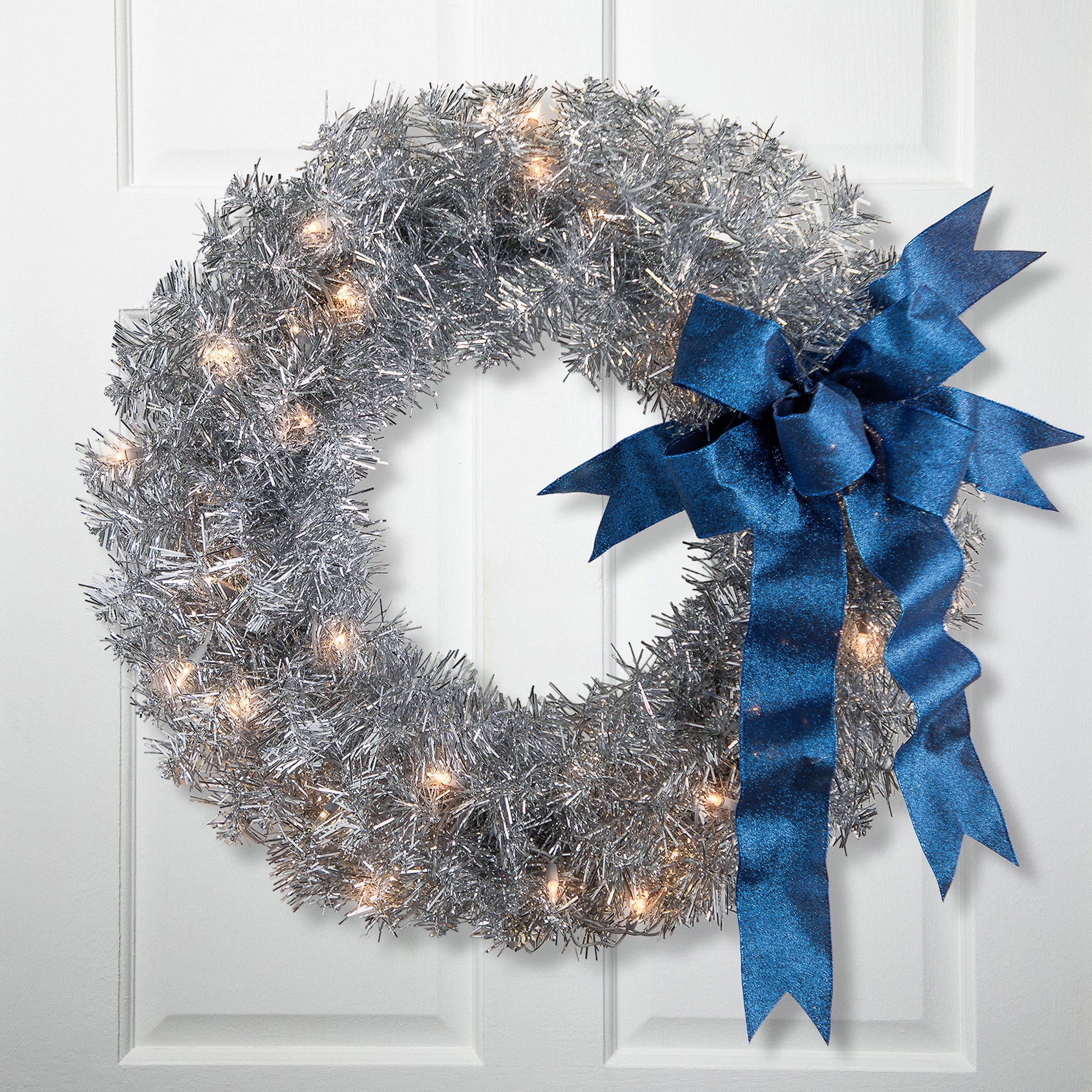 Pre-Lit Artificial Tinsel Christmas Wreath 24" Silver Clear Lights