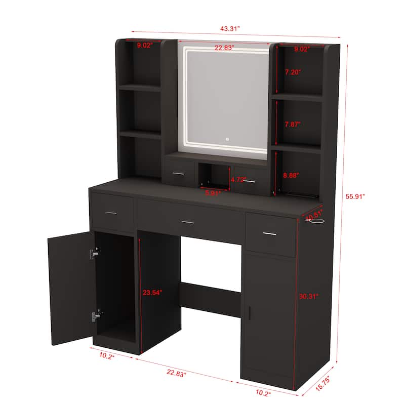 Makeup Vanity Desk with Touch LED Mirror, 5 Drawers, Hidden Shelves & Storage Cabinet for Bedroom