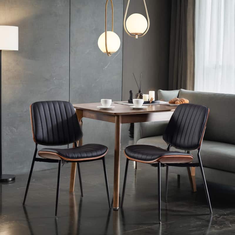 Dining Chairs Set of 2 Modern Retro Faux Leather Chair with Walnut Bentwood Back Upholstered Seat Metal Legs Adjustable Foot