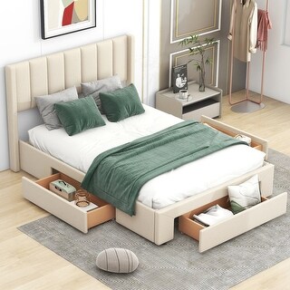 Minimalist Design Full Size Upholstered Wooden Platform Bed with Headboard,3 Storage Drawers in Footboard