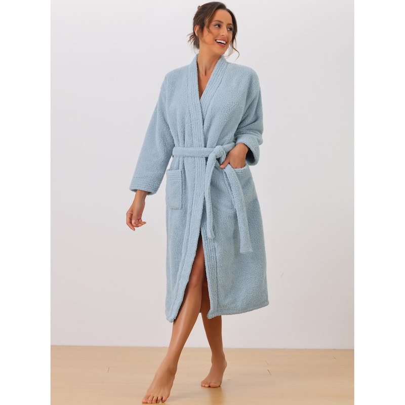 Women's Fluffy Fleece Robe Long Sleeve Thick Plush Self Tie Long Bathrobe - Blue - L