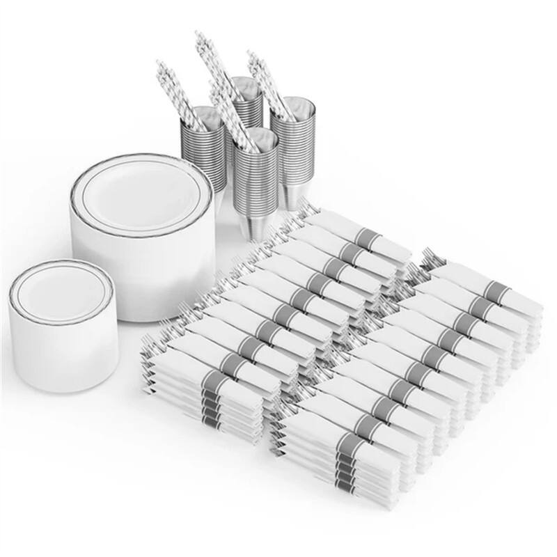 800 Pieces Gold Pre Rolled Napkins Disposable Dinnerware Set - Silver