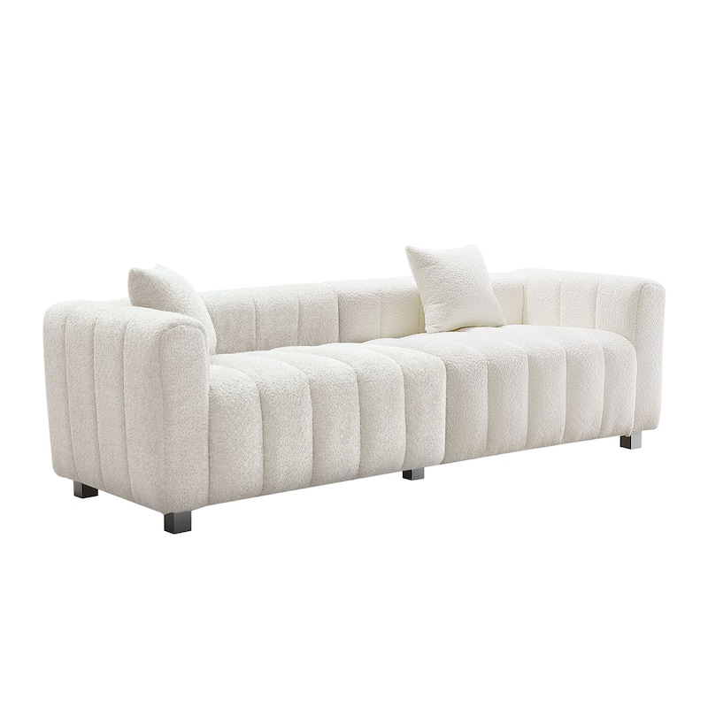 87.4" Premium Velvet Sofa 3-Seater Loveseat, Modern Bubble Upholstered Couch with Metal Base Legs and 2 Pillows - White