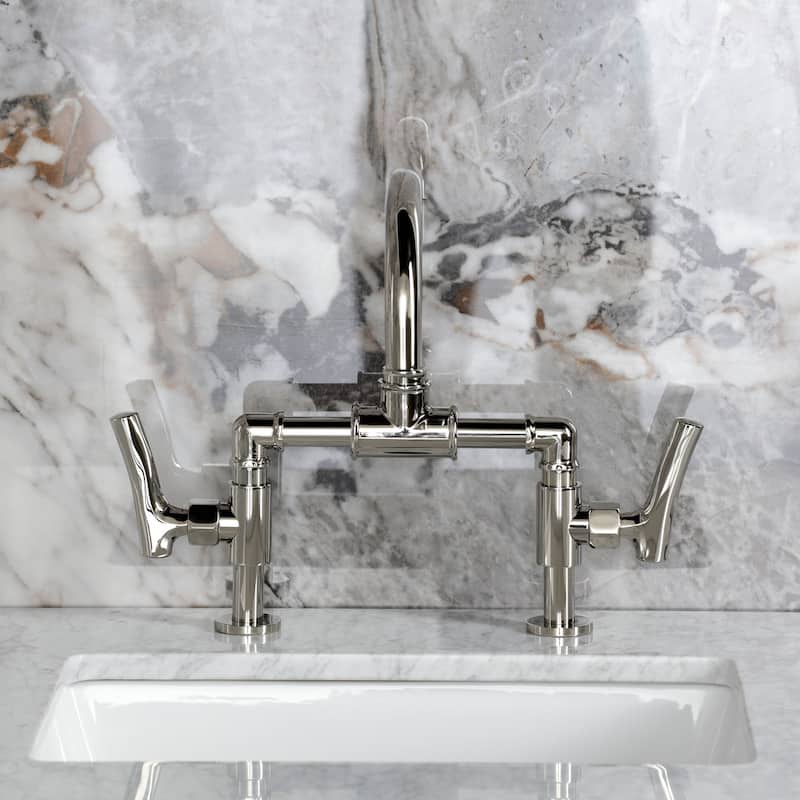 Kingston Brass Hallerbos Two-Handle 4-Hole Deck Mount Bridge Bathroom Faucet with Brass Pop-Up Drain