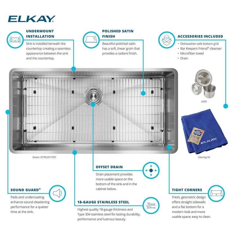 Elkay Crosstown 18 Gauge Stainless Steel 36-1/2" x 18-1/2" x 9", Single Bowl Undermount Sink Kit