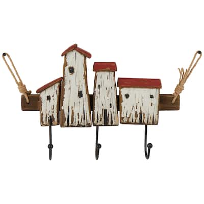 Wood Handmade Distressed House 3 Hanger Wall Hook with Red Roof Accents and Hanging Rope - Cream - Roche River Decor