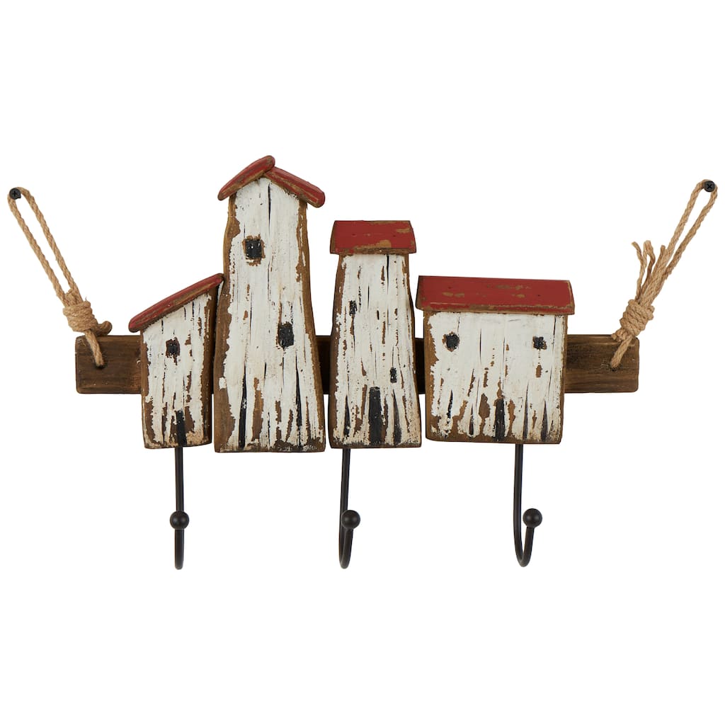 Wood Handmade Distressed House 3 Hanger Wall Hook with Red Roof Accents and Hanging Rope - Cream - Roche River Decor