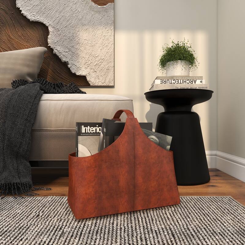 Brown, Dark Brown, Gray or Black Leather Handmade Box Style Single Slot Decorative Magazine Holder with Curved Buckle Handle