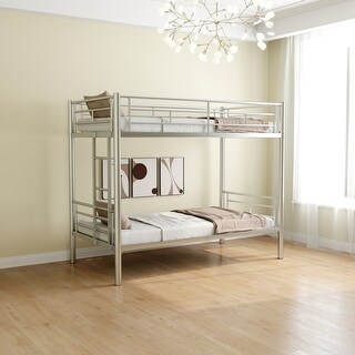 Grey+Silver Twin over Twin Size Metal Bunk Bed with Ladder and high Guardrail, Able to Split, Metal Bunk Bed, Storage Space