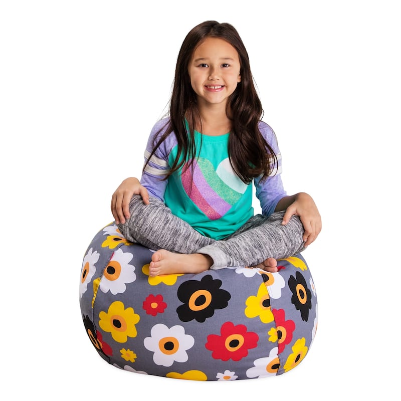 Kids' Stuffed Animal Storage Bean Bag Chair Cover or Toy Organizer - 27 Inches Medium - Canvas Multi-colored Flowers on Gray