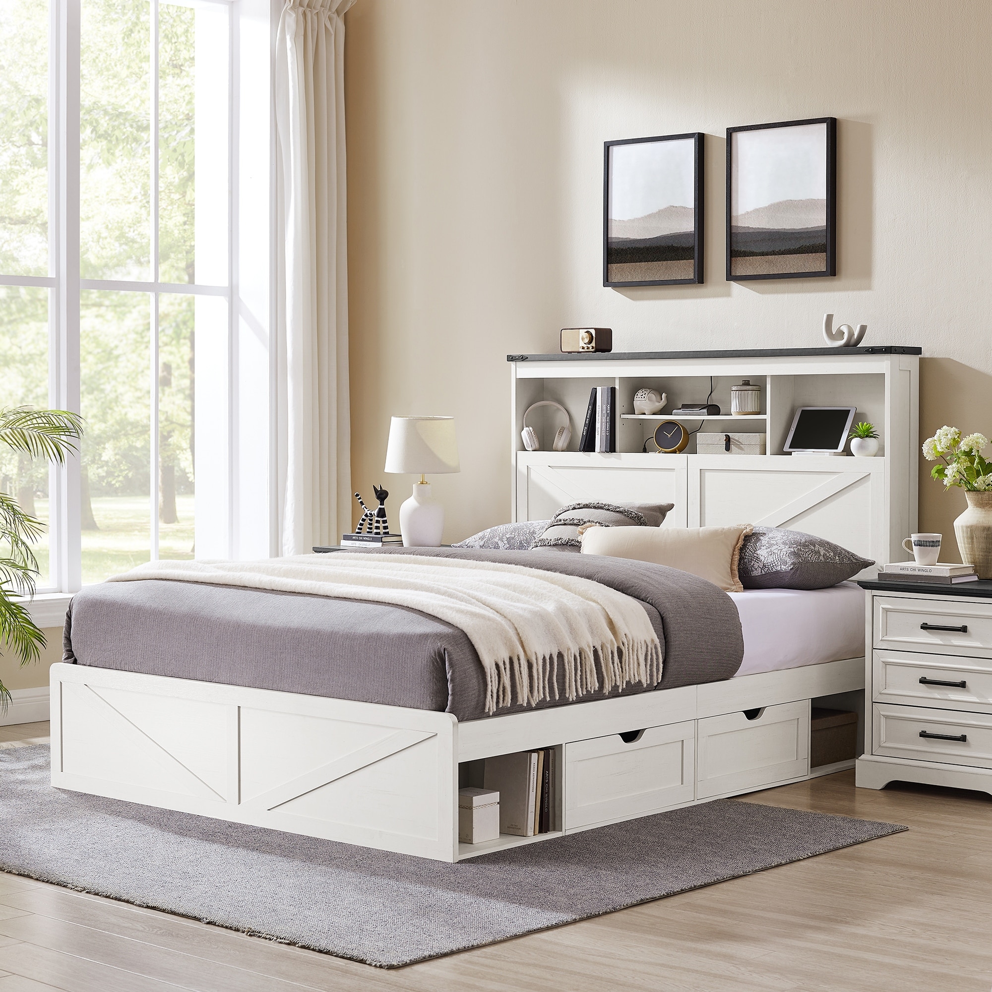 Farmhouse Queen Size Wood Bed Frame with Storage Headboard and Drawers