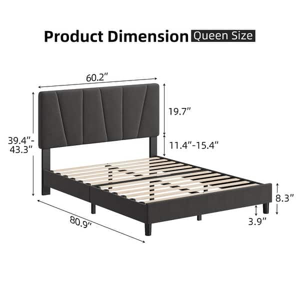 dimension image slide 2 of 4, Grey Velvet Upholstered Platform Bed Frame with Wooden Slats