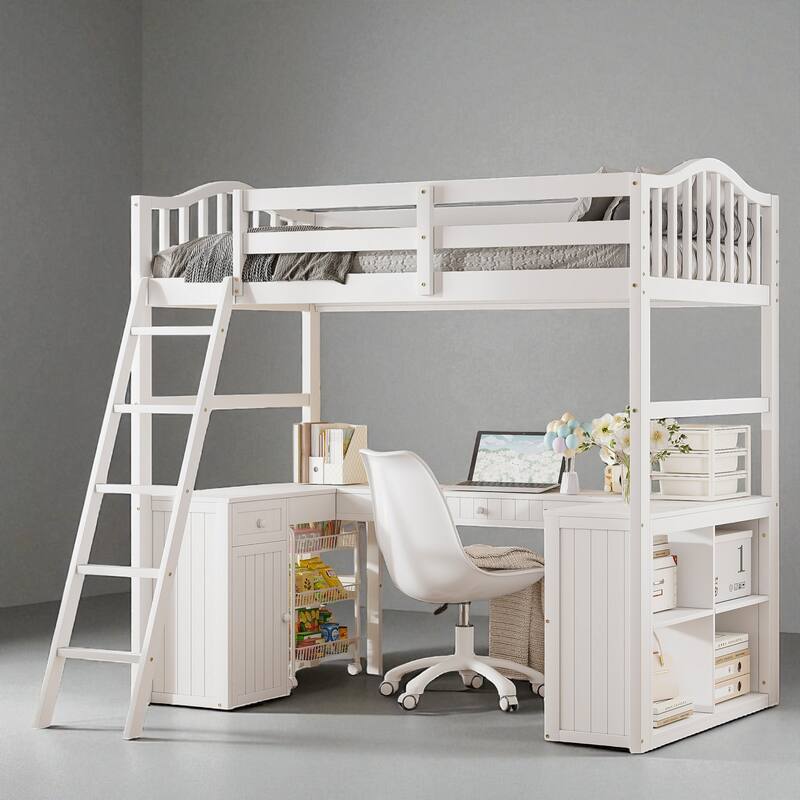 Twin Size Wooden Loft Bed with Desk, Drawers, Cabinet and Shelves, Space-Saving Workstation for Kids and Teens