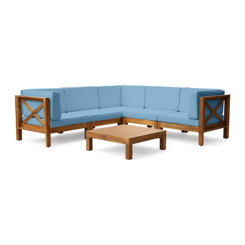 Brava 7-Seater Wood Sectional Sofa Set by Christopher Knight Home - Teak/Blue