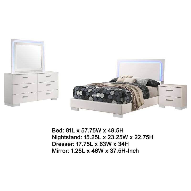 Sok 4pc Full Bedroom Set, Blue LED Lights, Faux Leather, White Wood