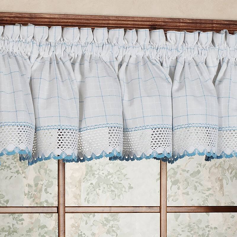 Cotton Classic White Blue Window Pane Pattern and Crotchet Trim Tiers Swags and Valance Options - 12 x 60 valance