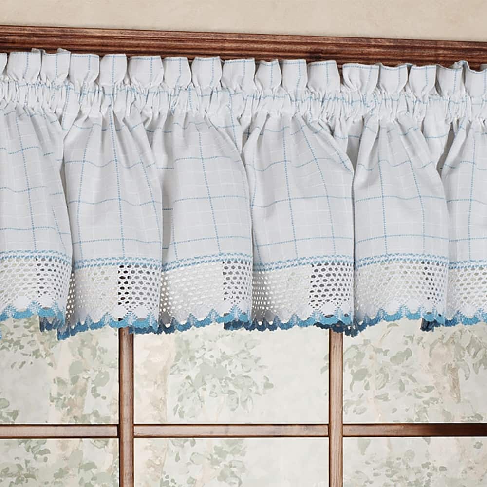 Cotton Classic White Blue Window Pane Pattern and Crotchet Trim Tiers Swags and Valance Options