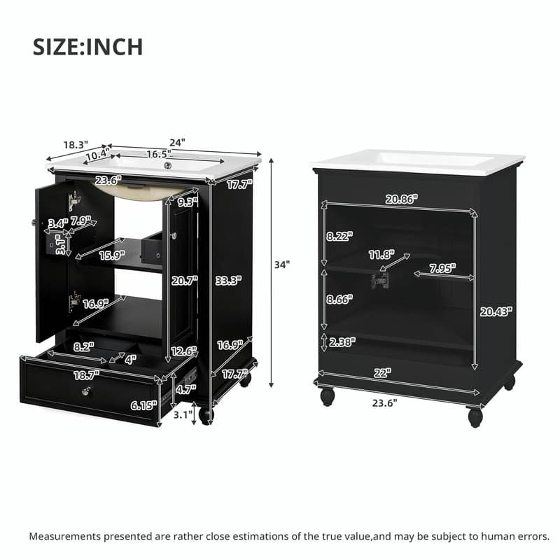 24" Bathroom Vanity with Ceramic Sink, Storage Cabinet with Soft-Close Doors and Drawer with Dividers