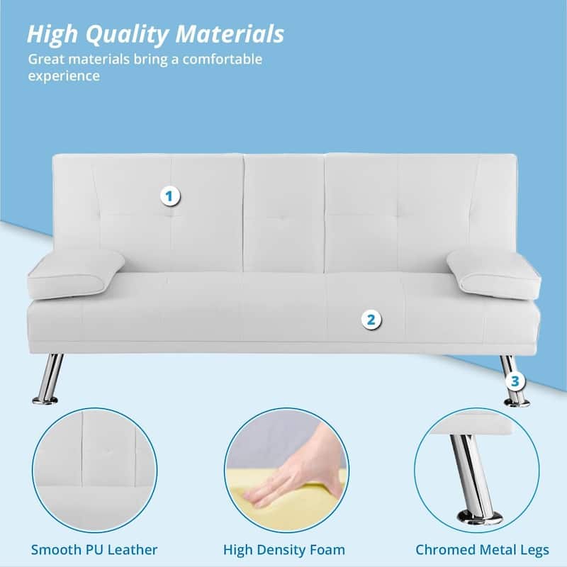 Futon Sofa Bed Couch with Armrest & Cupholders, Faux Leather Sofa Bed Couch Convertible Folding Reclining Small Couch