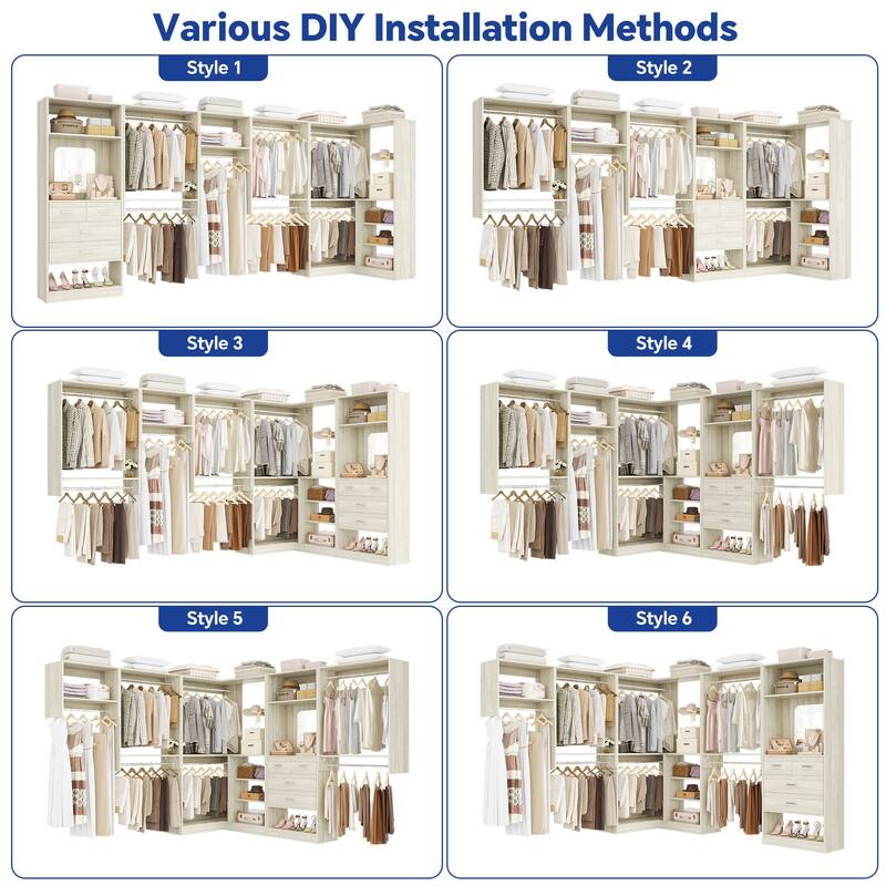 Set of 4/ 5 Modular Closet System with Drawers and Mirror, Corner Closet Organizer with Hanging Rods and Shelves