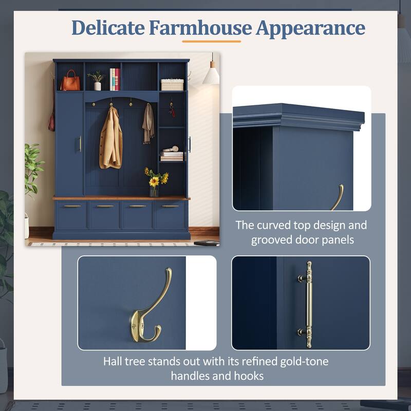 4-in-1 Farmhouse Hall Tree with Walnut Bench, 8 Hooks, Adjustable Shelves and Shoe Storage, Entryway Coat Rack, 59" W