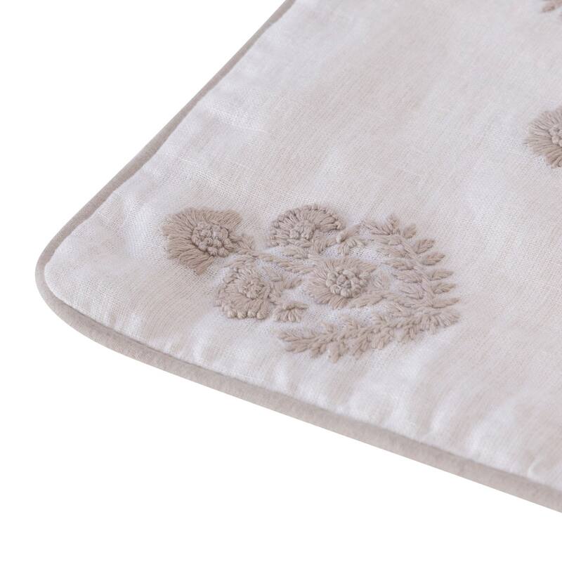 20" Off White And Taupe Floral Linen Throw Pillow Cover with Embroidery