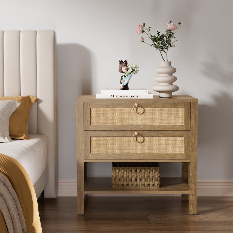 SICOTAS Rattan Boho Nightstand Great Storage for Compact Bedroom Areas